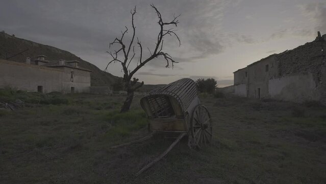Dead tree and abandoned rusty carriage in a desert countryside (S-Log 3, 4K, ProRes 422HQ)