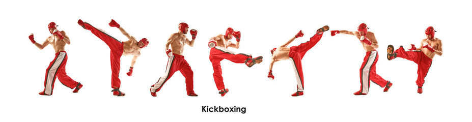 Collage. Shirtless muscular man in red uniform training kickboxing, practicing punches isolated on...