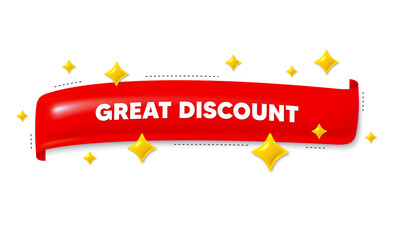 Red ribbon banner with 3d stars. Great discount. Special offer price sign. Advertising sale symbol. Great discount ribbon message. Flag frame banner with star. Label badge template. Vector