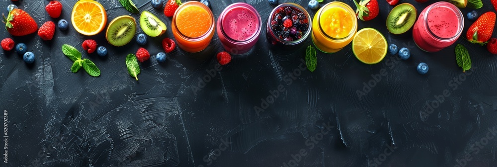 Poster a black surface with a variety of fruits