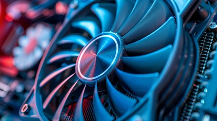 a close up of a computer fan with a red light in the background