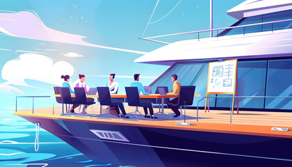 Clipart of a team meeting on a yacht discussing ideas with laptops and whiteboards on the deck ar7...