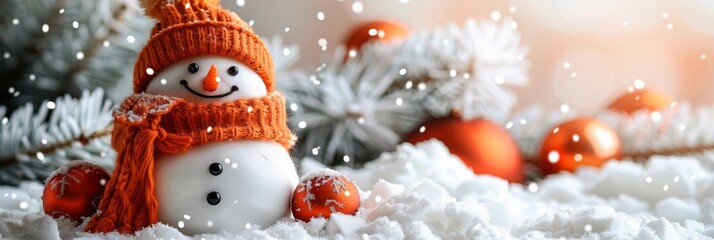 Christmas snowman on snowy landscape banner with ample copy space for festive text