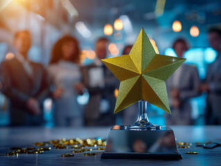 Macro shot of a starshaped trophy being presented, with a backdrop of smiling and congratulating business professionals
