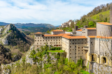 Aerial panoramic view of the Aranzazu Sanctuary in the town of Oñati, Gipuzkoa. Basque Country