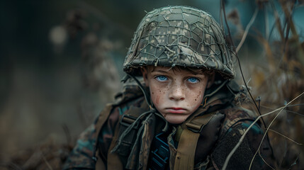 Obraz premium really sad and expressive soldier kid at war. 