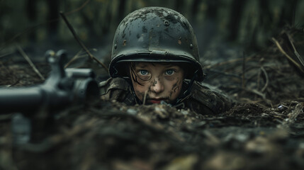little boy soldier in a trench in the middle of the war 
