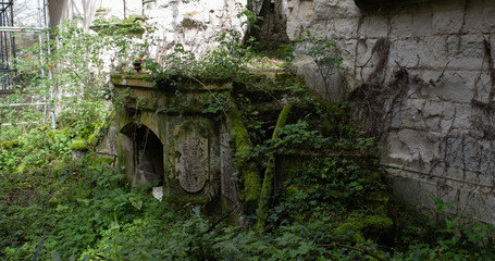 Renaissance castle of  La Mothe-Chandeniers, France. A RENAISSANCE/NEOGOTHIC-style castle of the "châteaux de la Loire" region, France. it is now being restored. Vegetation has grown inside since 85  © RobinLhebrard
