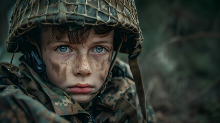 Fototapeta premium little boy living through the ravages of war, little soldier in fear