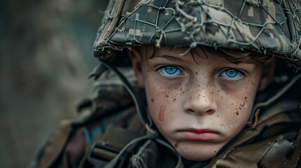 Fototapeta premium Sad and scared soldier kid 