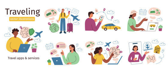 Tourists planning trip set, set of traveling compositions, characters booking flight, hotel, travelers scenes collections, vector illustrations of vacation insurance, mobile apps, services for journey