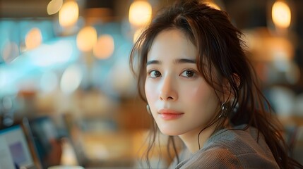 Fototapeta premium Asian Woman Exuding Style and Professionalism in a Modern Cafe While Curating Content