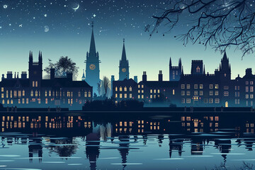 Cambridge city vector skyline at night