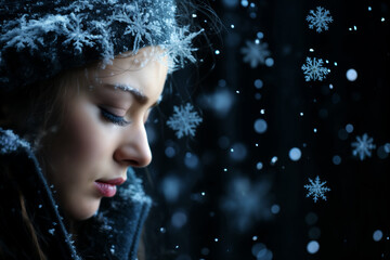 Portrait of a fashionable and elegant girl on a city street in winter, in a black coat and hat, style and fashion