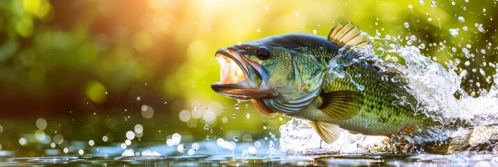 Massive bass emerges from serene waters at sunrise by woodland s peaceful boundary