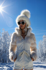 Portrait of a fashionable and elegant girl in a winter forest, in a white jacket and shorts, makeup and hairstyle, bright snow and tree shadows, style and fashion