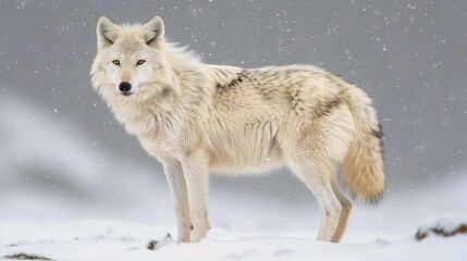 Obraz premium Majestic white wolf gracefully roaming through the tranquil beauty of a snow covered landscape
