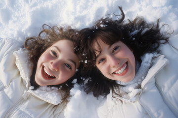 Portrait of two girls in the winter outdoors, lying in the snow
