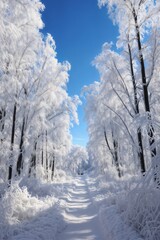 beautiful winter landscape, tree branches in snow covered forest, bright sunlight and beautiful nature