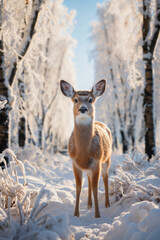 portrait of a doe in a winter forest, against a background of snow-covered trees