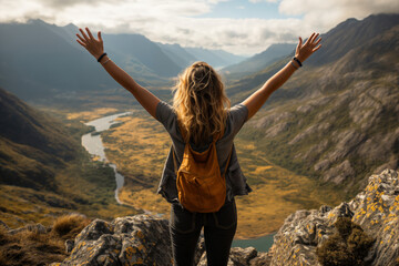 a girl is traveling, standing at the top of the mountain and enjoying a beautiful view of nature, a valley among mountains and clouds
