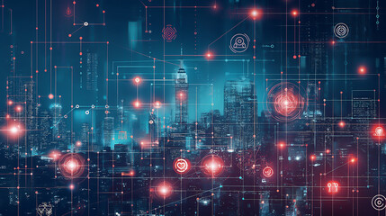 Modern smart city panorama with double exposure of immersive interface. Concept of internet of things. telecommunication network concept
