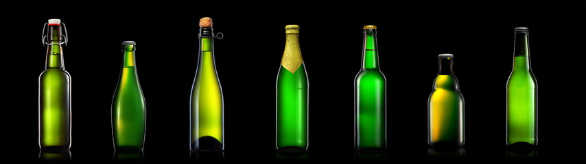 Set of bottle of beer or cider isolated on black background