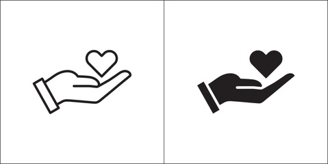 A hand bringing heart symbol icon. Hand with love symbol. Icon for charity, donation, compassion, solidarity and humanitarian. Vector Stock logo illustration in flat and line design style.