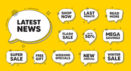 Offer speech bubble icons. Latest news tag. Media newspaper sign. Daily information symbol. Latest news chat offer. Speech bubble discount banner. Text box balloon. Vector