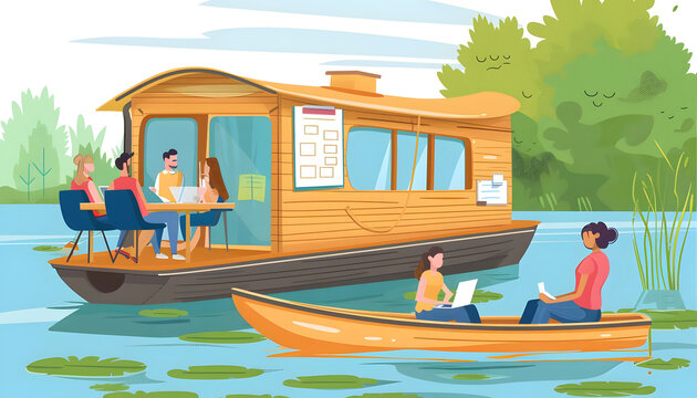 Clipart Of A Team Meeting On A Houseboat Brainstorming With Laptops And Whiteboards By The Water A Generative AI