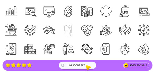 Credit card, Call center and Chemistry experiment line icons for web app. Pack of Safe energy, Hypoallergenic tested, Smile pictogram icons. Power, Maximize, Wholesale inventory signs. Vector