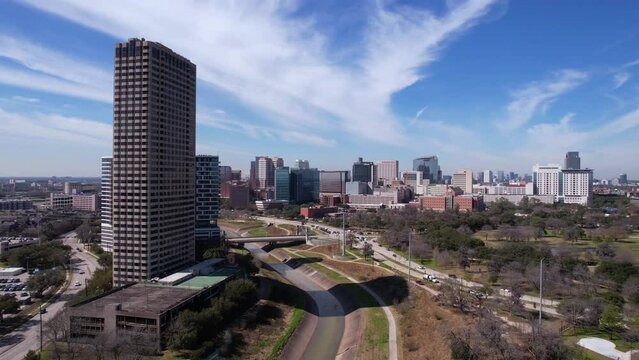 Aerial View of Hermann Park and Medical Center Area Buildings, Houston Texas USA, Establishing Drone Shot