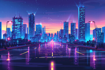 Obraz premium city view, future, cyber punk, buildings, road, sunset and sky, technology