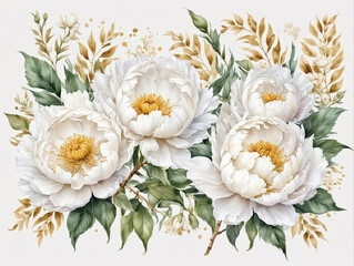 Elegant White Peonies Bouquet with Yellow Center and Green Leaves on White Background
