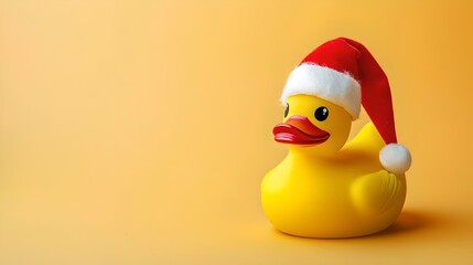 Christmas Rubber Duck in Santa Hat. Cute yellow duck on bright orange background. Christmas themed concept, toy style. AI