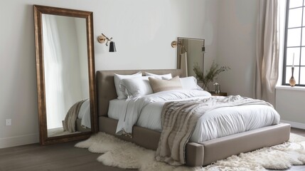 A bedroom with a stunning, oversized mirror, a contemporary bed frame, and a chic, fur area rug