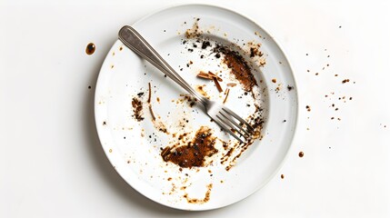 Empty plate after dessert with fork on a white background. Conceptualizing satisfaction and enjoyment. Close-up of a dish with crumbs and chocolate stains. AI