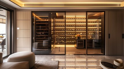 A drawing room with a built-in, temperature-controlled wine cellar visible through glass panels