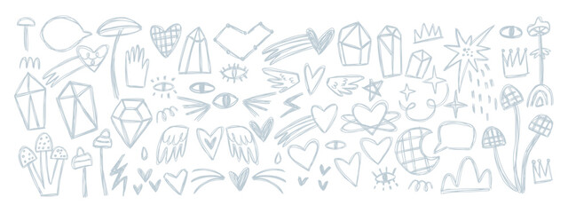 Set with magic elements in doodle style. Crystals, eyes, hearts. Hand drawn vector illustration.