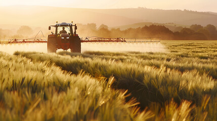 Naklejka premium Watering crops from a tractor