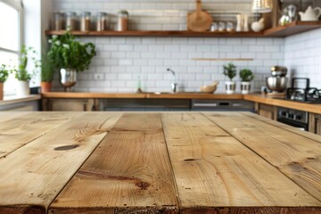 Empty beautiful wood table top counter and blur bokeh modern kitchen interior background in clean and bright,Banner, Ready for product montage - Generative ai