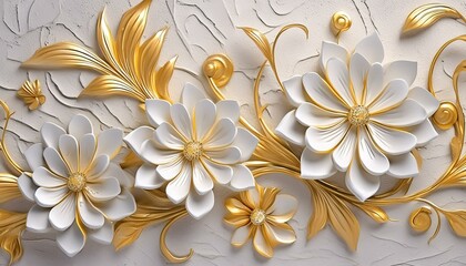Light decorative texture of a plaster wall with voluminous decorative flowers and golden elements.