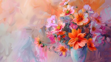 beautiful bright tender bouquet of flowers for birthday, soft pastel color background