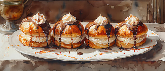 A plate of freshly made profiteroles filled with vanilla pastry cream and topped with chocolate ganache, Watercolor Painting Style