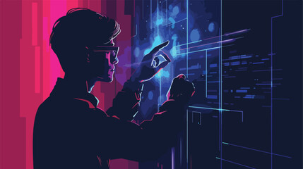 Lokii34 Young man using virtual screen on dark background vector