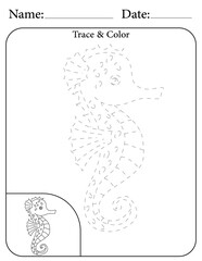 Seahorse Printable Activity Page for Kids. Educational Resources for School for Kids. Kids Activity Worksheet. Trace and Color the Shape