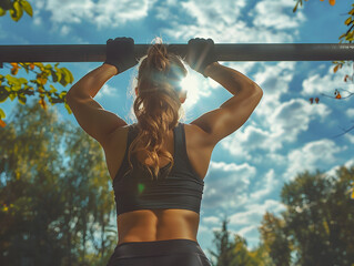 Muscular woman doing pull-ups on a bar in a park with a clear sky and sun shining through the trees, showcasing strength and fitness