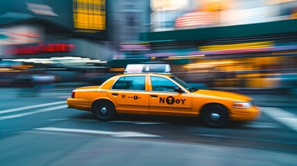 Yellow taxi speeding through busy city street. Urban life captured. Vibrant and dynamic scene. AI
