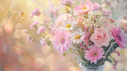 Fototapeta premium beautiful bright tender bouquet of flowers for birthday, soft pastel color background