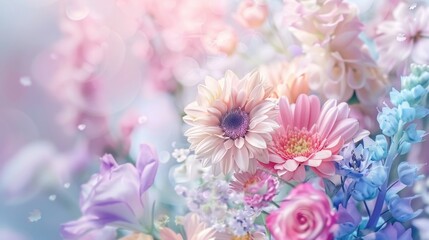 beautiful bright tender bouquet of flowers for birthday, soft pastel color background